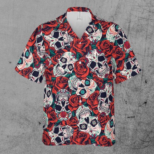 Red Rose Floral Skull Tattoo Aloha Hawaiian Shirt image 1