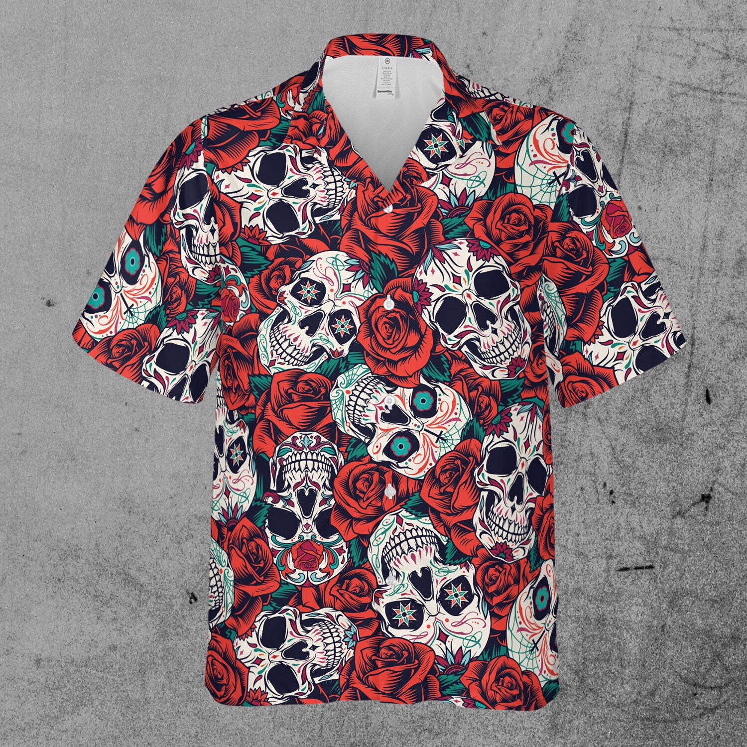 Red Rose Floral Skull Tattoo Aloha Hawaiian Shirt image 1