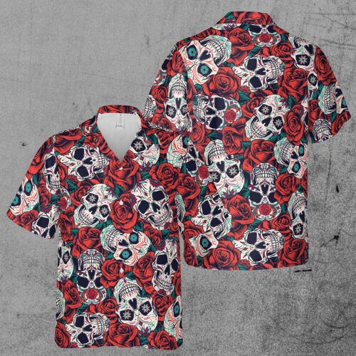 Red Rose Floral Skull Tattoo Aloha Hawaiian Shirt image 0