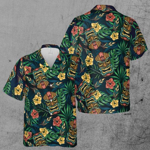 Floral Tiki Mask Tropical Forest Aloha Hawaiian Shirt image 0