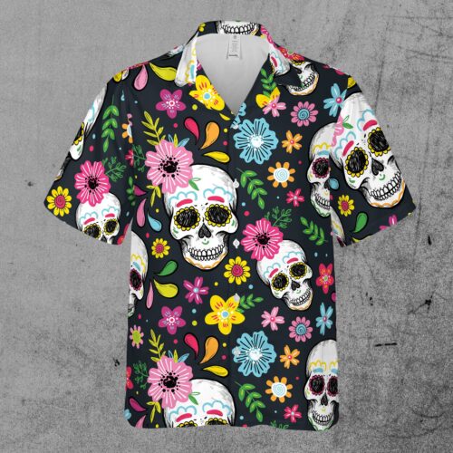 Funny Floral Skull Aloha Tropical Leaves Hawaiian Shirt image 1