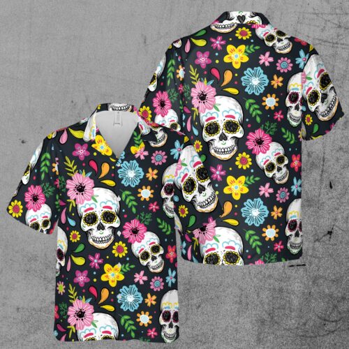 Funny Floral Skull Aloha Tropical Leaves Hawaiian Shirt image 0