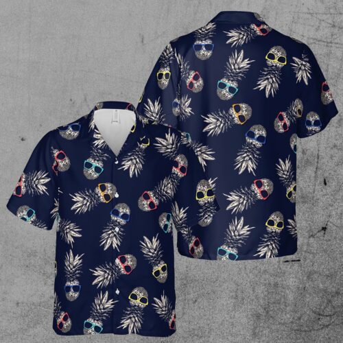 Tropical Pineapple Skull Wearing Sunglasses Aloha Short Sleeve Hawaiian Shirt image 0