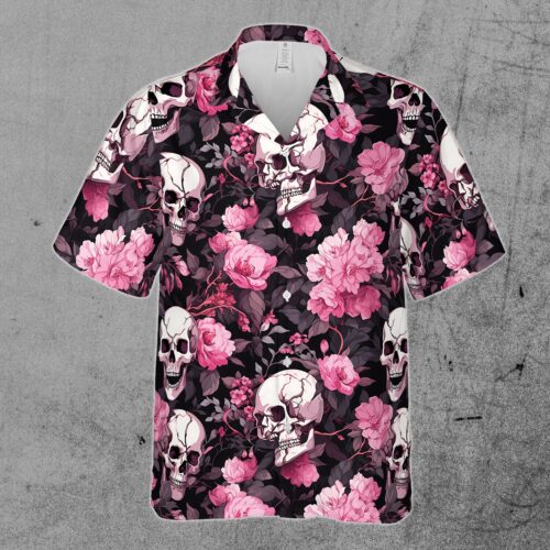 Colorful Ghostly Skull Flower Pattern Hawaiian Shirt image 1