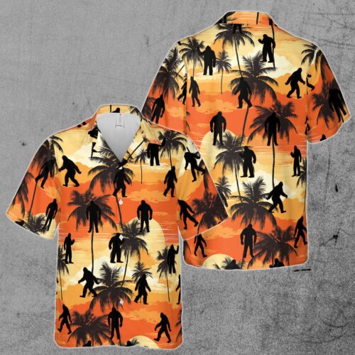 Colorful Bigfoot Sasquatch Coconut Tree Mountain Sunset Hawaiian Shirt image 0