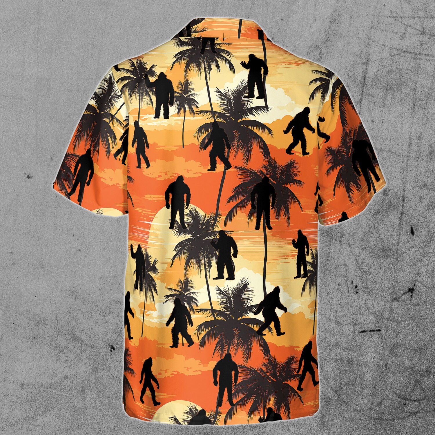 Colorful Bigfoot Sasquatch Coconut Tree Mountain Sunset Hawaiian Shirt image 2