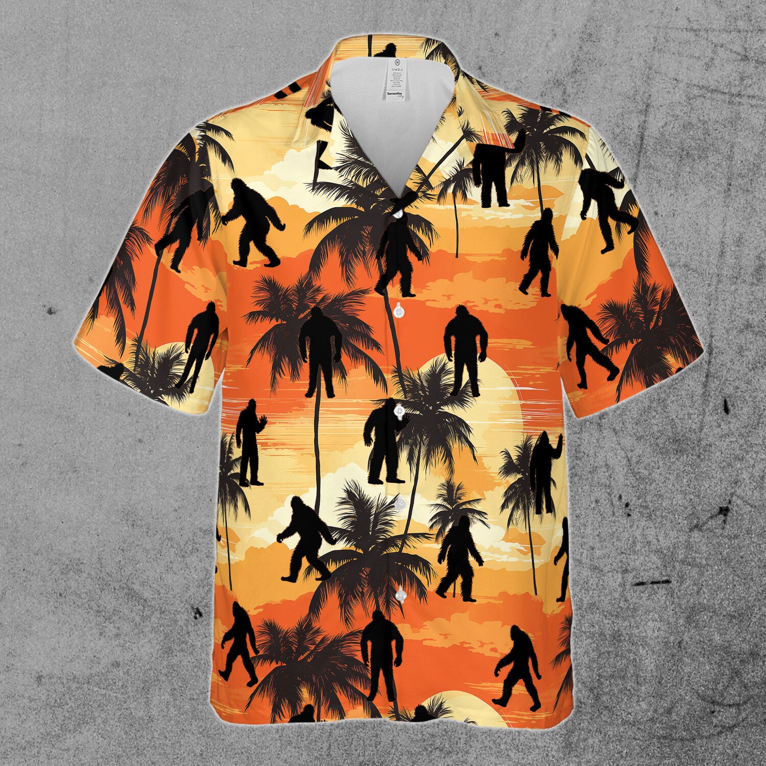 Colorful Bigfoot Sasquatch Coconut Tree Mountain Sunset Hawaiian Shirt image 1