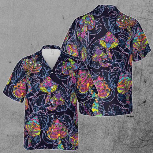 Neon Trippy Mushroom Tropical Jungle Hawaiian Shirt image 0