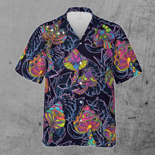 Neon Trippy Mushroom Tropical Jungle Hawaiian Shirt image 1