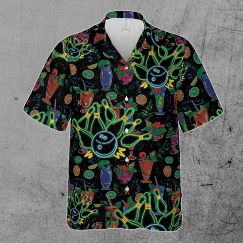 Funny Neon Bowling Ball Cocktail Drinks Party Hawaiian Shirt image 1