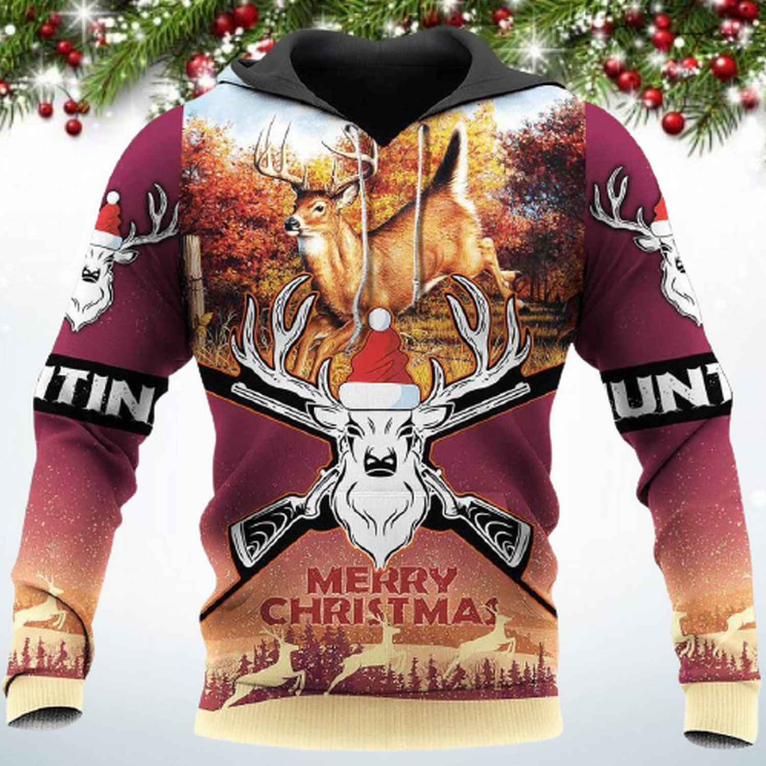 Unisex Christmas Deer Hunting Hoodie Sweatshirt with Front Pocket Novelty Holiday Gift for Men and Women image 2