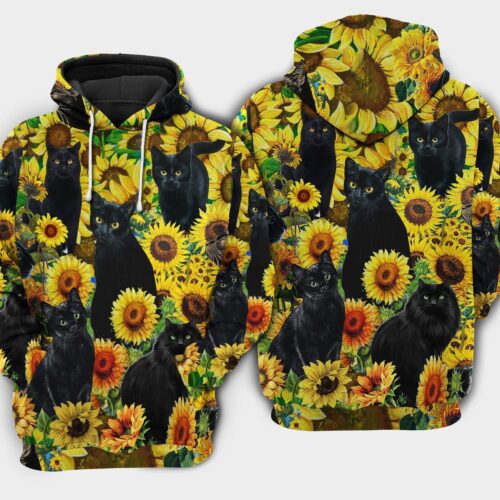 Unisex Black Cat Sunflower Hoodie Sweatshirt Cat Lover Pullover Sunflower Gift Idea image 0