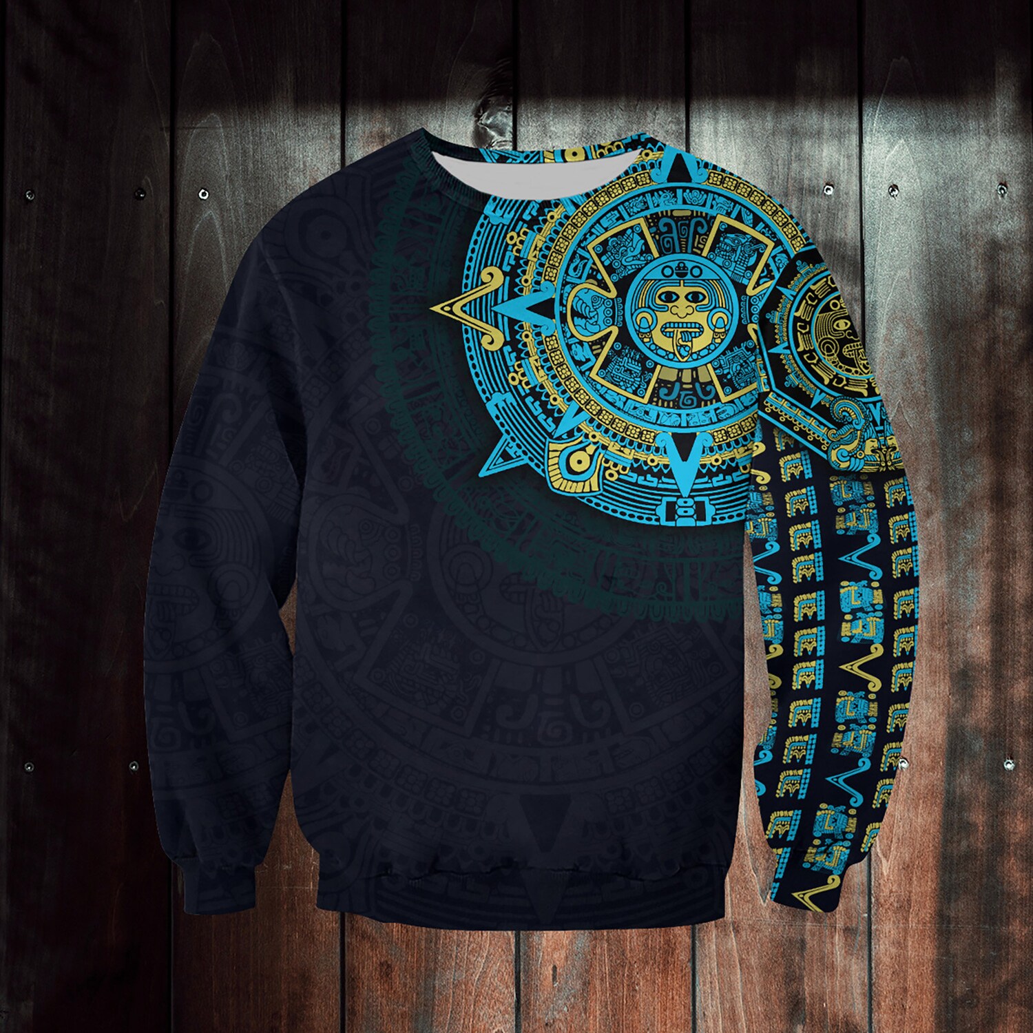 Unisex Blue Aztec Calendar Hoodie Mexican Sweatshirt Aztec Warrior Shirt image 2