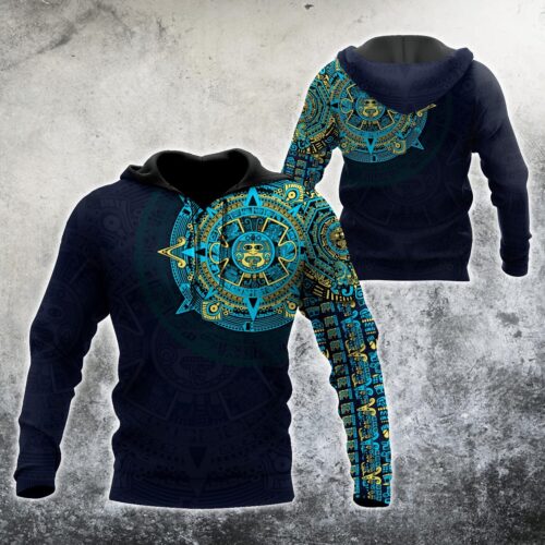 Unisex Blue Aztec Calendar Hoodie Mexican Sweatshirt Aztec Warrior Shirt image 0