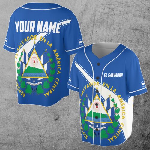 Custom El Salvador Coat of Arms Baseball Jersey Shirt Personalized S-5XL White Blue image 0