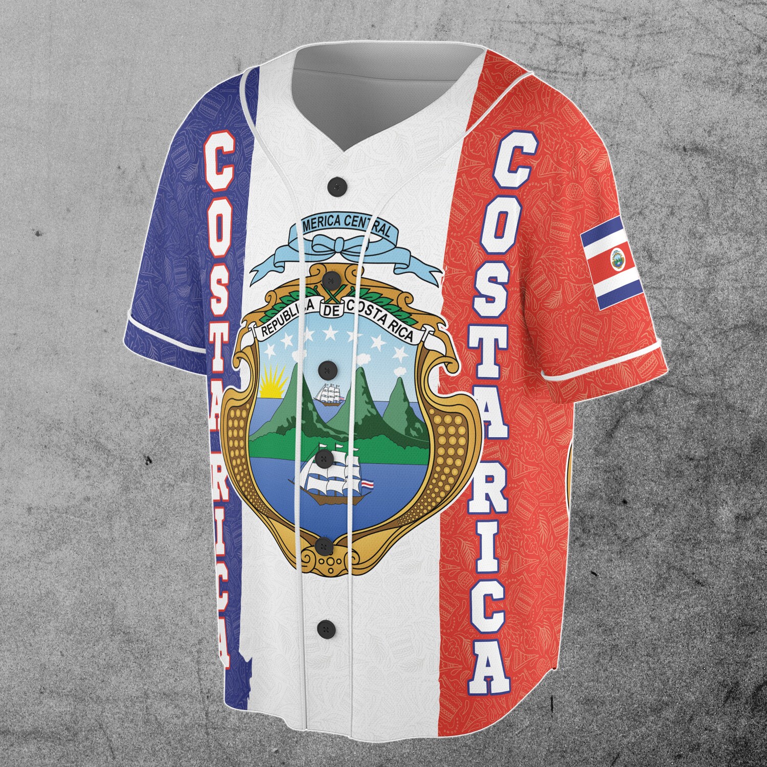 Customized Costa Rica Flag Baseball Jersey with Coat of Arms Sizes S-5XL image 1