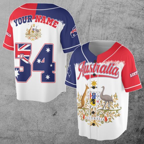 Personalized Australia Flag Coat of Arms 3D Baseball Jersey Custom Name Size S-5XL image 0