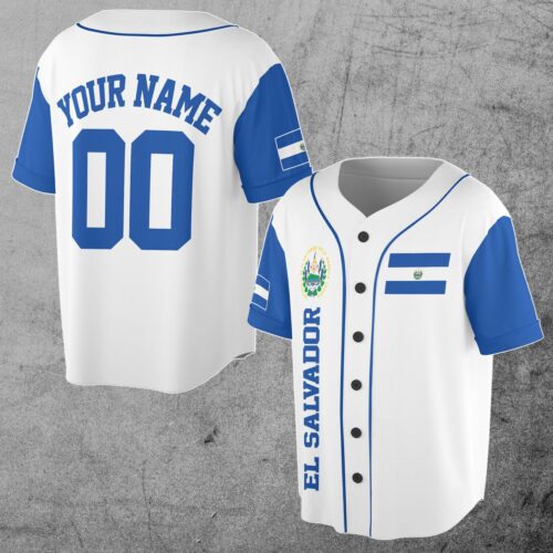 Personalized Name Number El Salvador Flag Coat of Arms Patriotic White Baseball Jersey S-5XL image 0