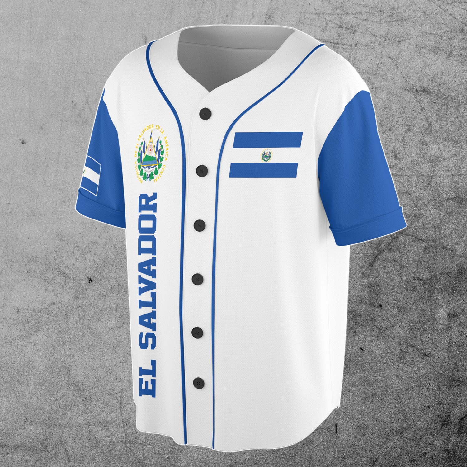 Personalized Name Number El Salvador Flag Coat of Arms Patriotic White Baseball Jersey S-5XL image 1