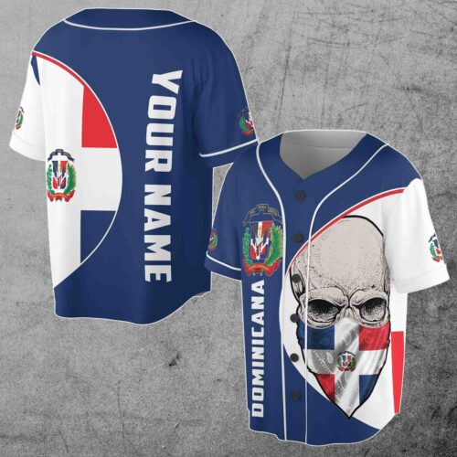 Customized Dominican Republic Flag Skull Mask Baseball Jersey Sizes S-5XL image 0