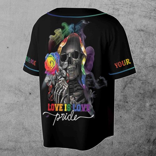 Personalized LGBT Baseball Jersey Love is Love Smoky Rose Skull Design Sizes S-5XL image 1