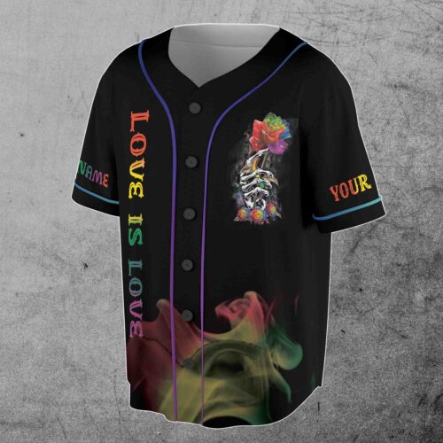 Personalized LGBT Baseball Jersey Love is Love Smoky Rose Skull Design Sizes S-5XL image 0