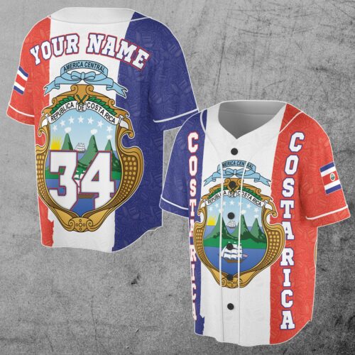 Customized Costa Rica Flag Baseball Jersey with Coat of Arms Sizes S-5XL image 0