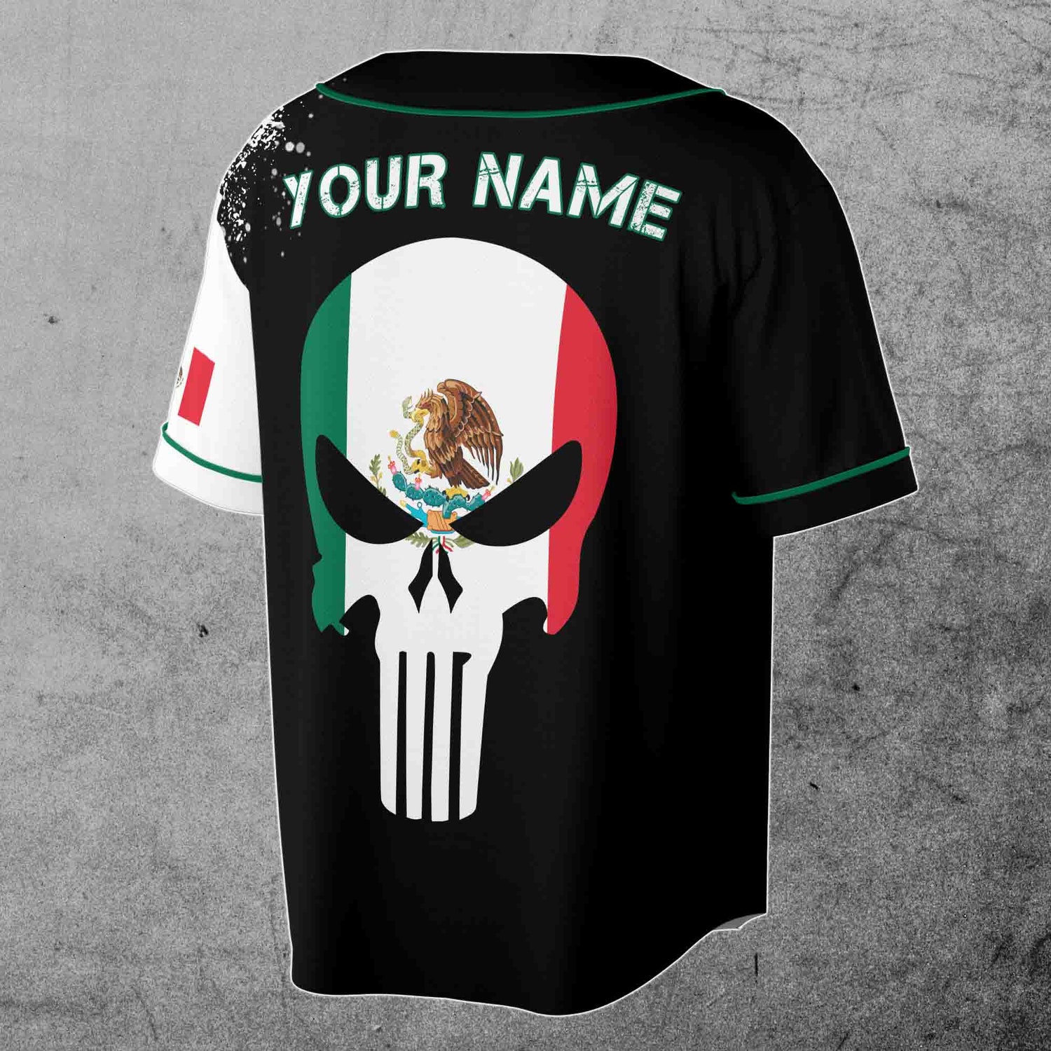 Custom Name Mexico Flag Skull Baseball Jersey with Patriotic Coat of Arms Design image 2