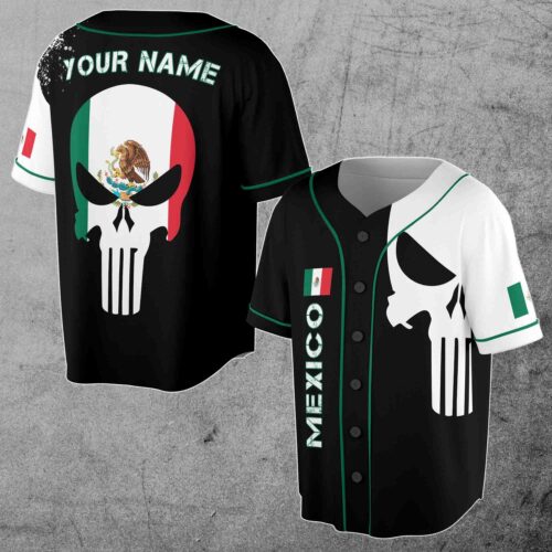 Custom Name Mexico Flag Skull Baseball Jersey with Patriotic Coat of Arms Design image 0