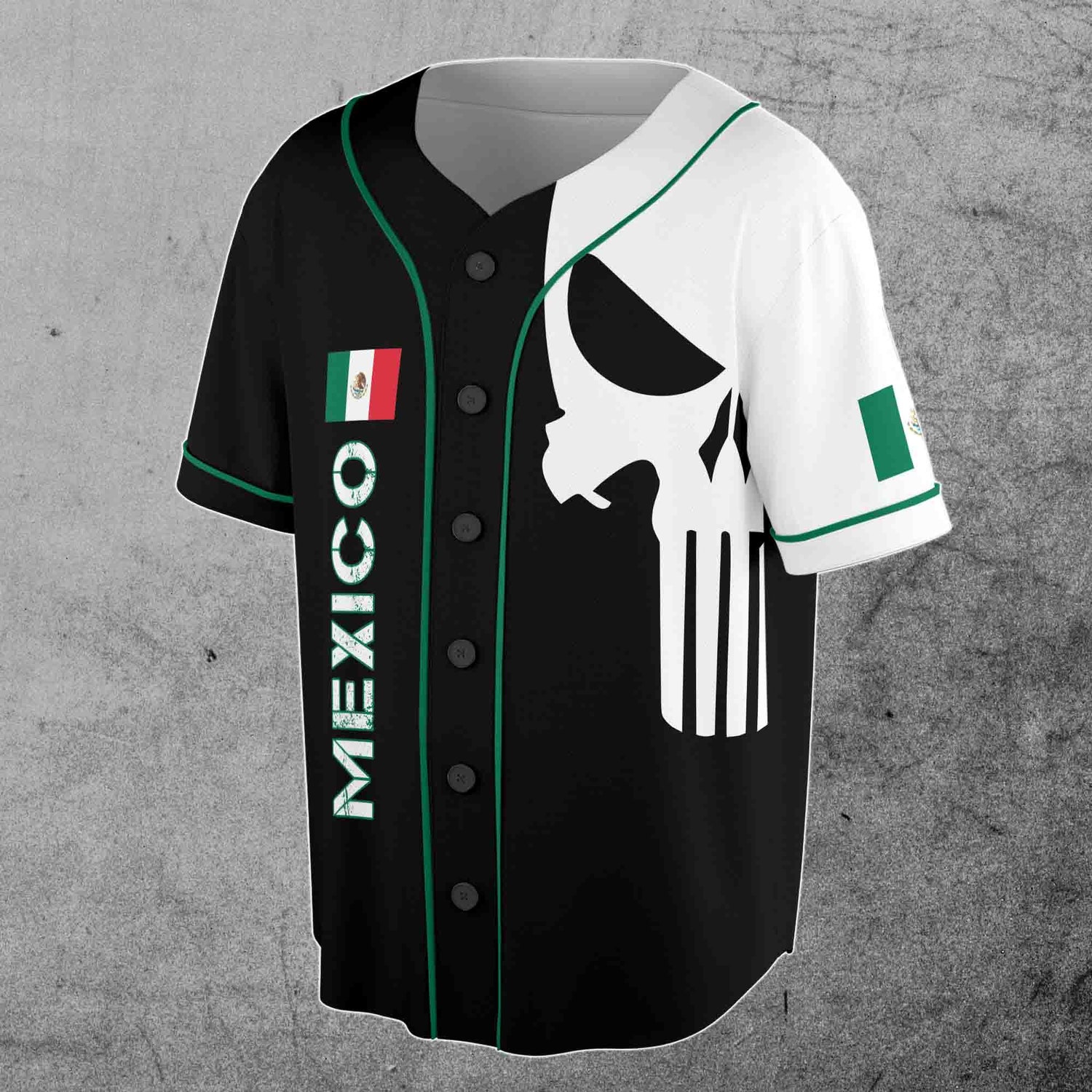 Custom Name Mexico Flag Skull Baseball Jersey with Patriotic Coat of Arms Design image 1