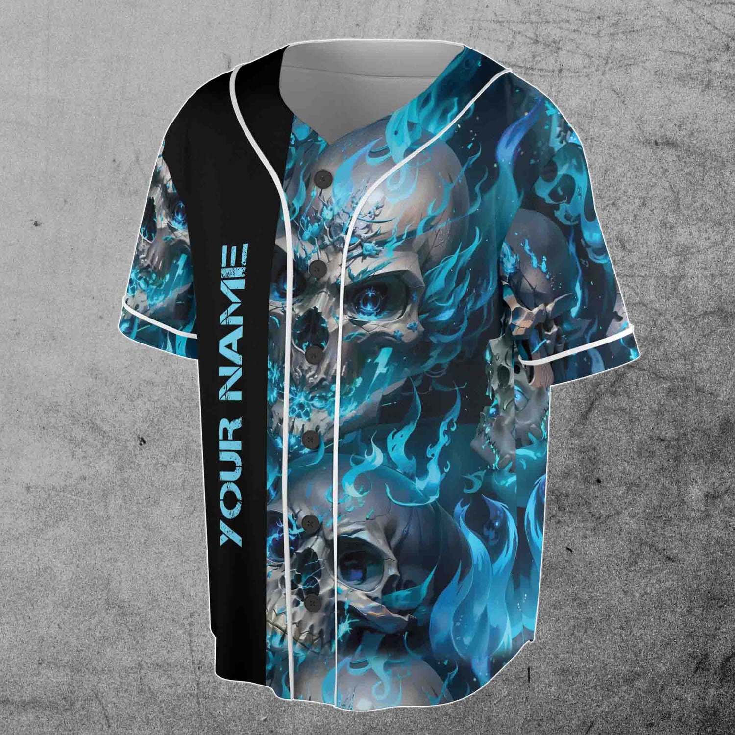 Personalized Skull on Fire Blue Baseball Jersey Custom Name S-5XL Nightmare Design image 1