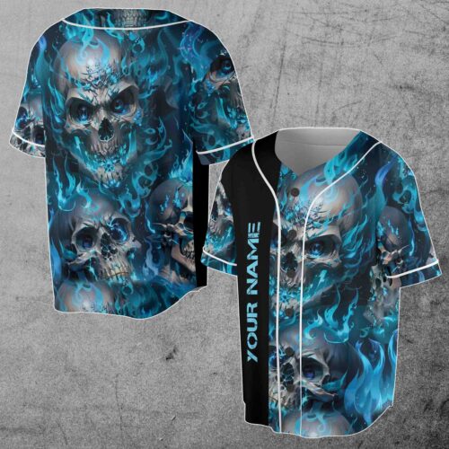 Personalized Skull on Fire Blue Baseball Jersey Custom Name S-5XL Nightmare Design image 0