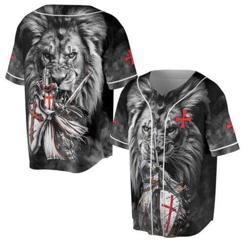 Lion Behind Knight Templar Grunge Baseball Jersey Sizes S-5XL Unique Gothic Apparel image 0