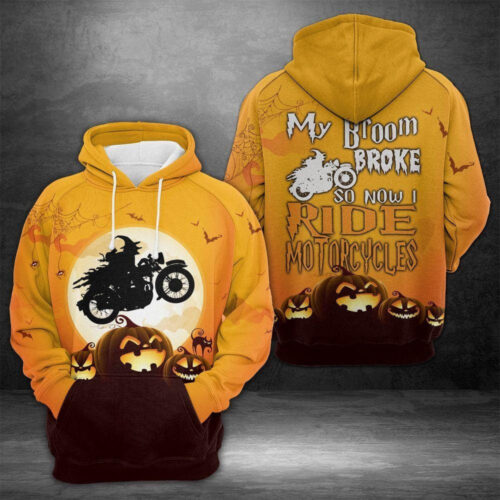 Unisex Witch Riding Motorcycle Hoodie Halloween Witch Sweatshirt Pullover Gift image 0