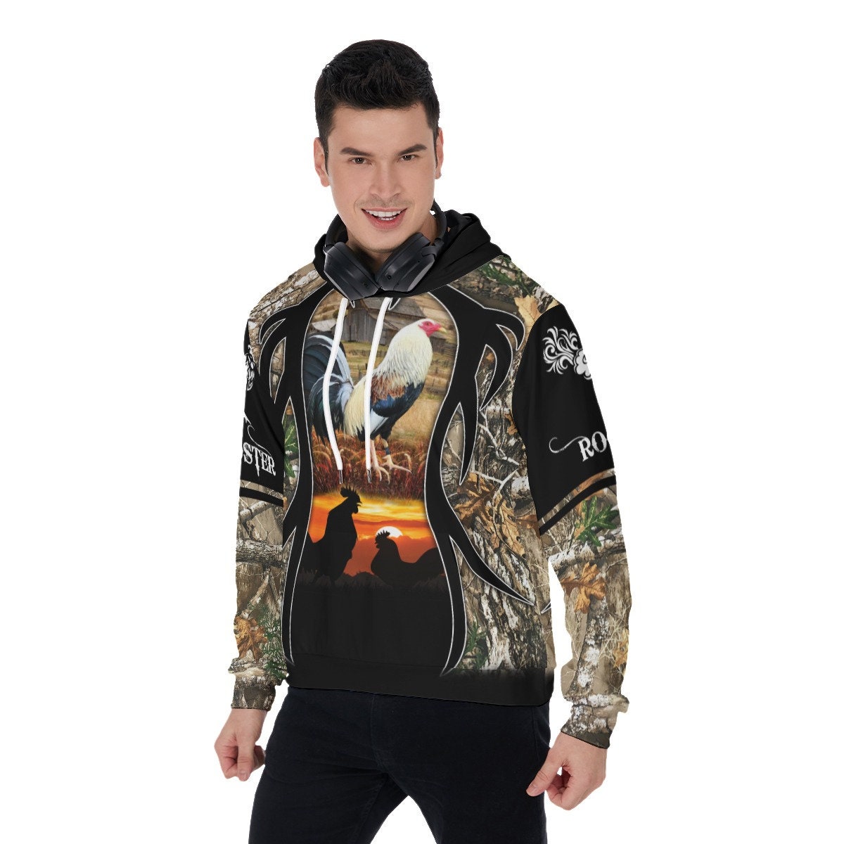 Unisex Rooster Camo Hoodie with Front Pocket Novelty Pullover Gift for Men & Women image 3