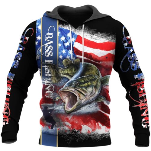 Bass Fishing American Flag Hoodie Sweatshirt Fisherman Pullover Fishing Gift Apparel image 0