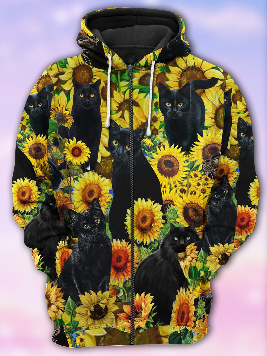 Unisex Black Cat Sunflower Hoodie Sweatshirt Cat Lover Pullover Sunflower Gift Idea image 3