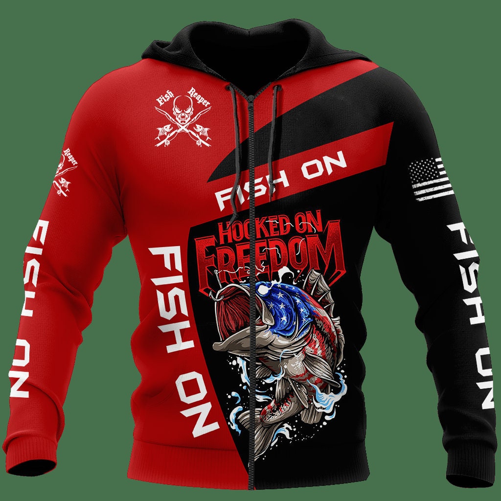 Unisex Fishing Hoodie Hooked On Freedom Sweatshirt Fisherman Pullover Fishing Apparel image 1