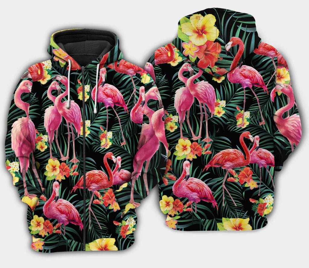 Unisex Floral Flamingo Couple Hoodie Sweatshirt Flamingo Lover Pullover Animal Print Hoodie image 1