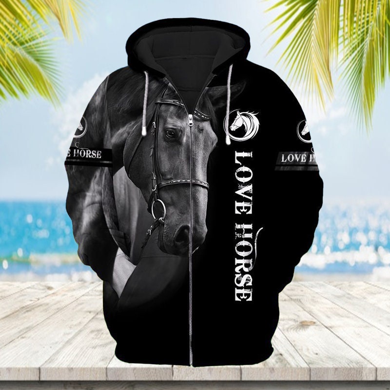 Unisex Love Horse Hoodie Black Horse Sweatshirt Pullover Animal Lover Gift image 1