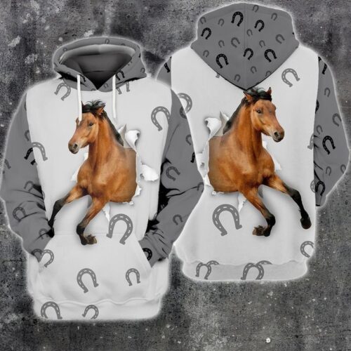 Brown Horse Print Hoodie Sweatshirt Animal Pullover Horse Lover Gift White & Grey image 0