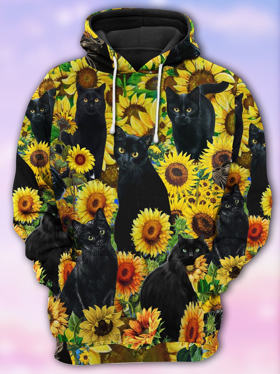 Unisex Black Cat Sunflower Hoodie Sweatshirt Cat Lover Pullover Sunflower Gift Idea image 2