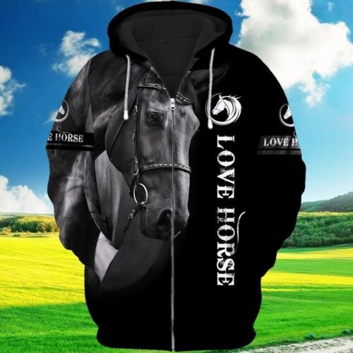 Unisex Love Horse Hoodie Black Horse Sweatshirt Pullover Animal Lover Gift image 0