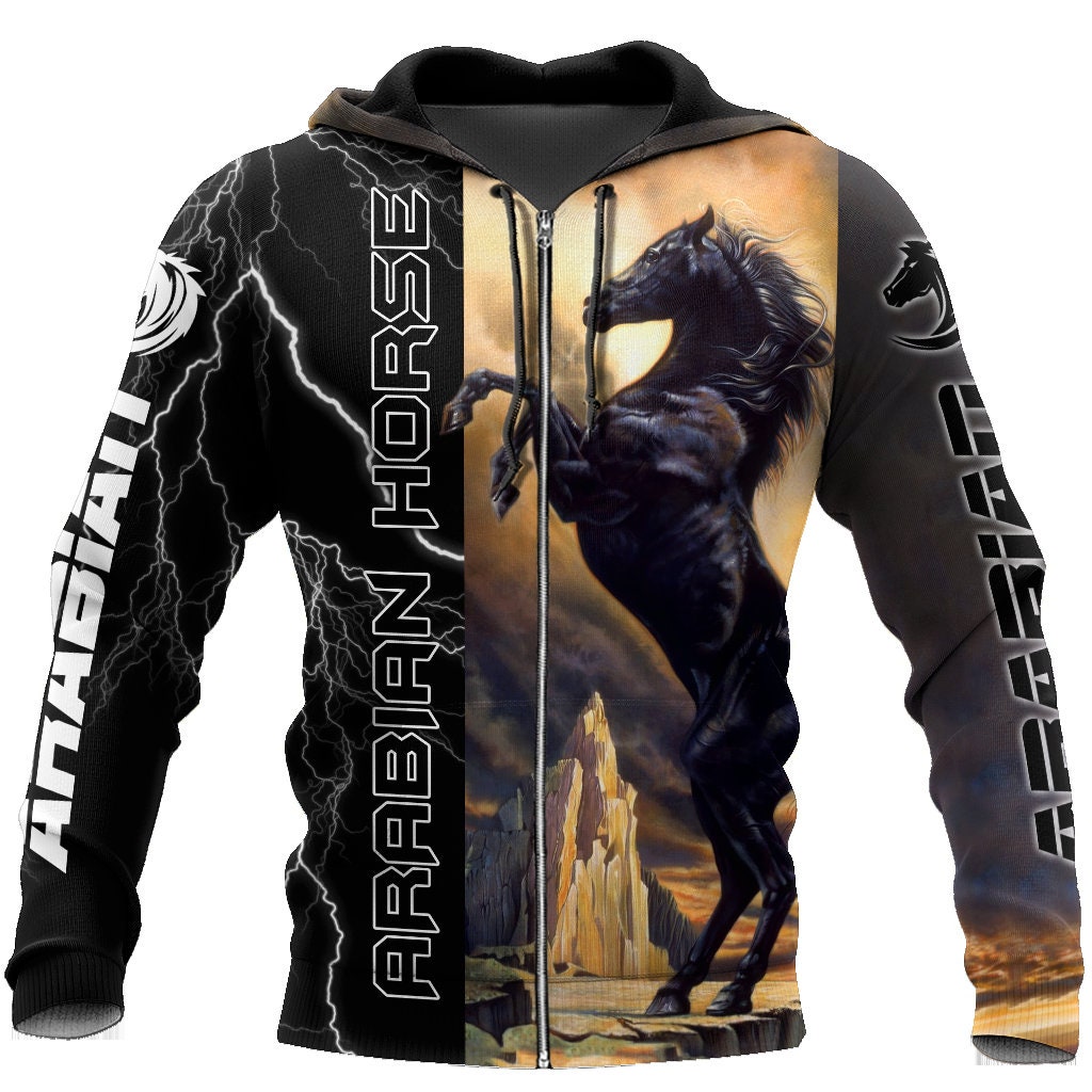 Black Stallion Arabian Horse Hoodie Animal Lover Sweatshirt Horse Zip Pullover image 1