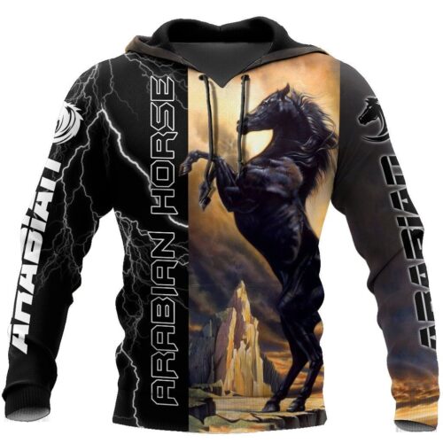 Black Stallion Arabian Horse Hoodie Animal Lover Sweatshirt Horse Zip Pullover image 0