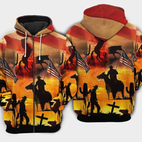 American Cowboy Sunset Hoodie Cowboy Lover Sweatshirt with American Flag Gift Idea image 1