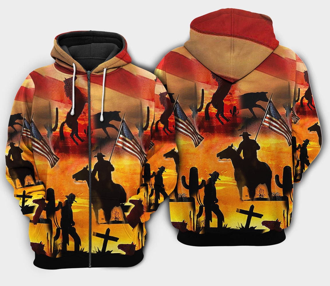 American Cowboy Sunset Hoodie Cowboy Lover Sweatshirt with American Flag Gift Idea image 1