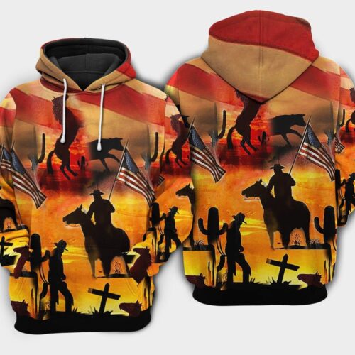 American Cowboy Sunset Hoodie Cowboy Lover Sweatshirt with American Flag Gift Idea image 0