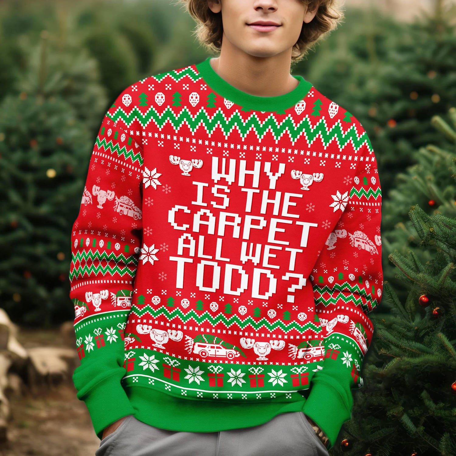 National Lampoon's Christmas Vacation Ugly Sweatshirt Why Is The Carpet All Wet Todd and Margo Shirt image 2