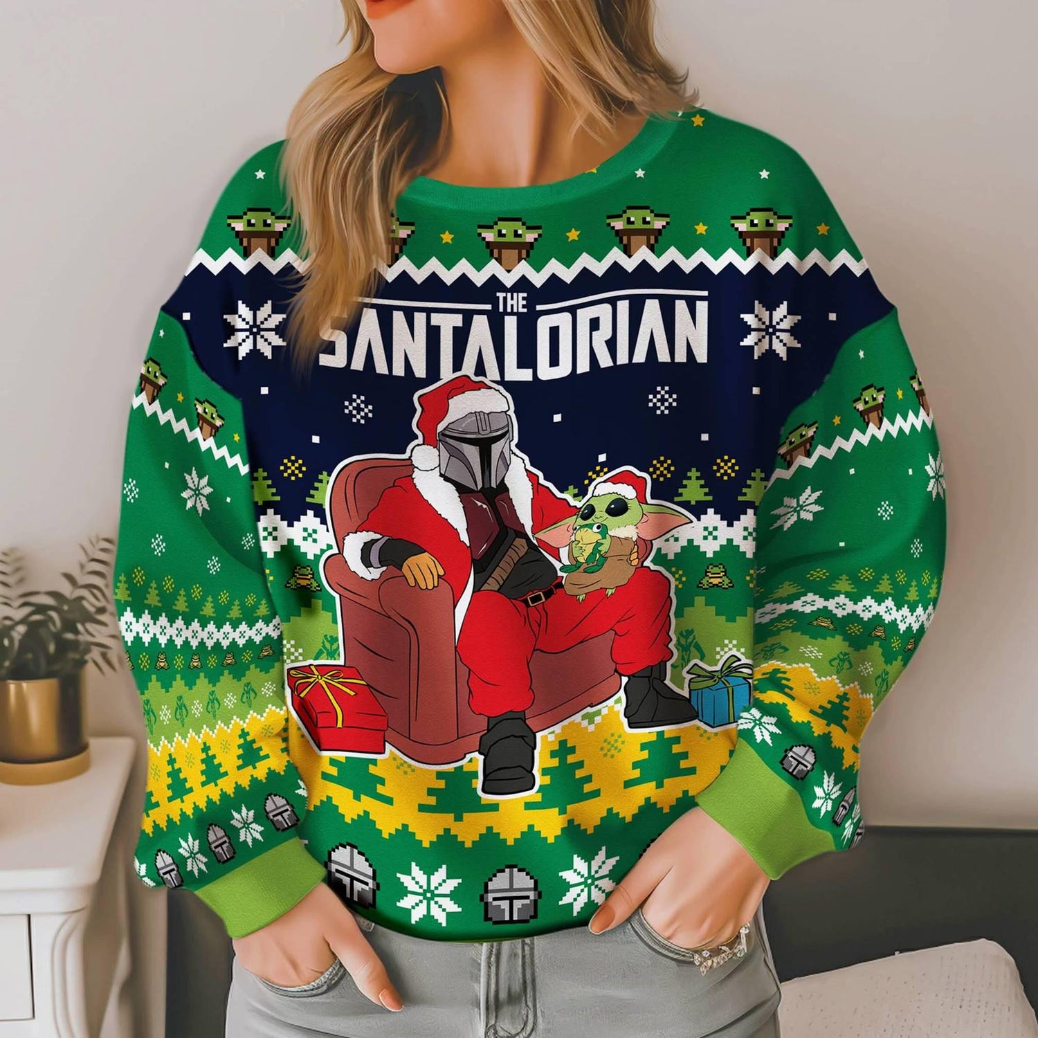 The Mandalorian Ugly Christmas Sweater with Baby Yoda Grogu Star Wars Sweatshirt for Holiday image 3